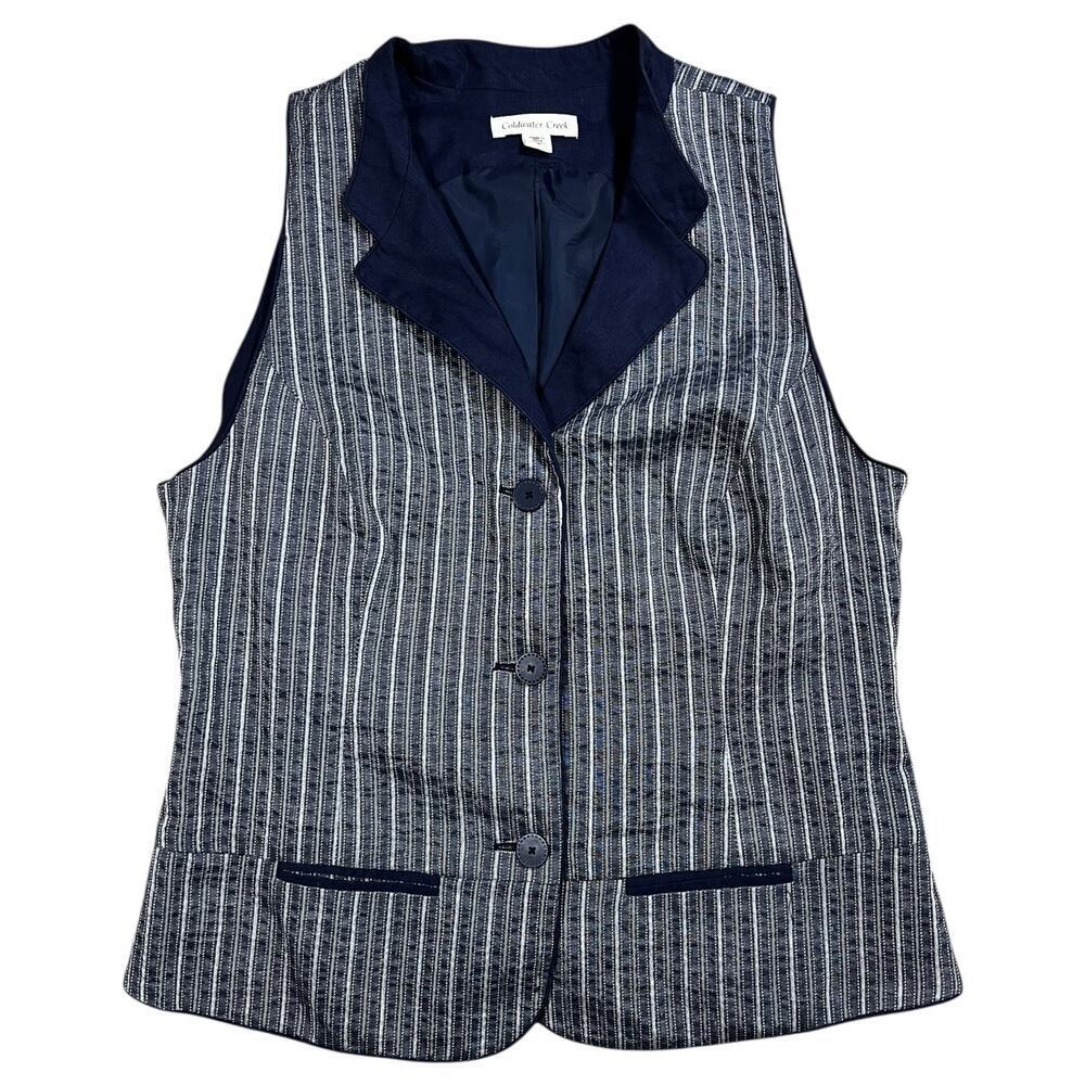 Coldwater Creek Lined Cotton Blend Vest Navy White Striped Tuxedo Collar Size 8